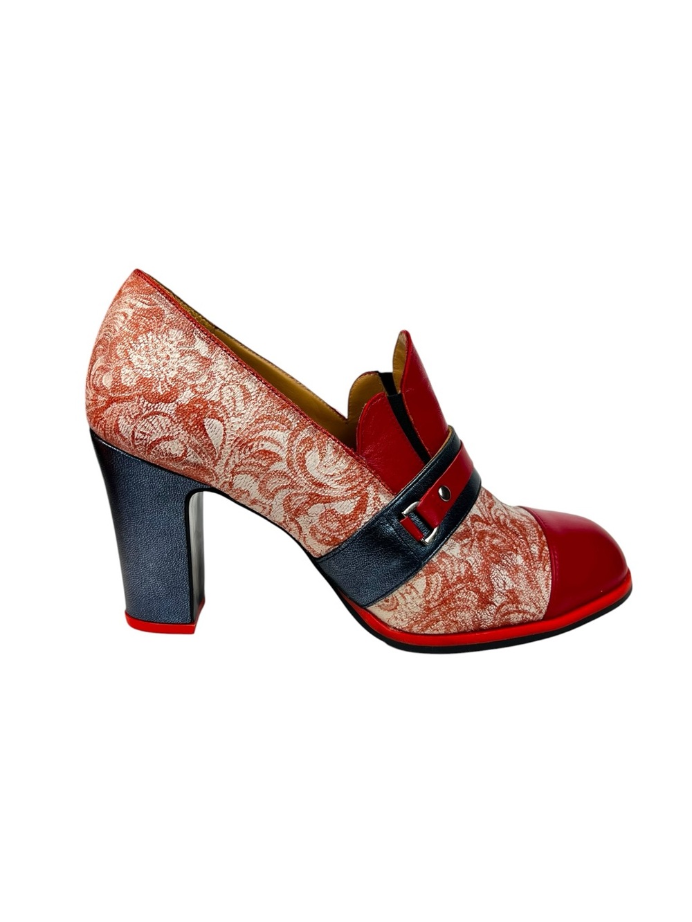 John Fluevog Red Brocade Leather Block Heel Loafer Pumps Women’s 10.5 Portugal